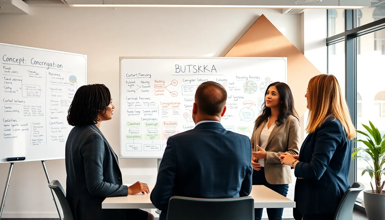 diverse professionals discussing the concept of Вяутюкг in a modern office.